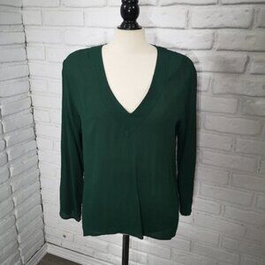 Zara Woman Ladies Size XL Vneck Long Sleeves Dark Green Blouse